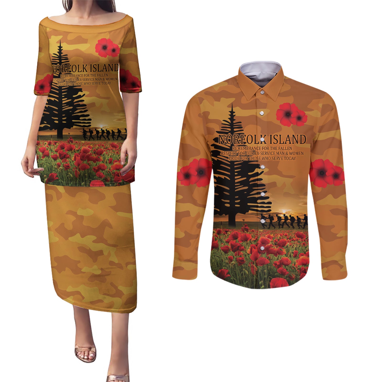 Norfolk Island ANZAC Day Personalised Couples Matching Puletasi and Long Sleeve Button Shirt with Poppy Field LT9 Art - Polynesian Pride