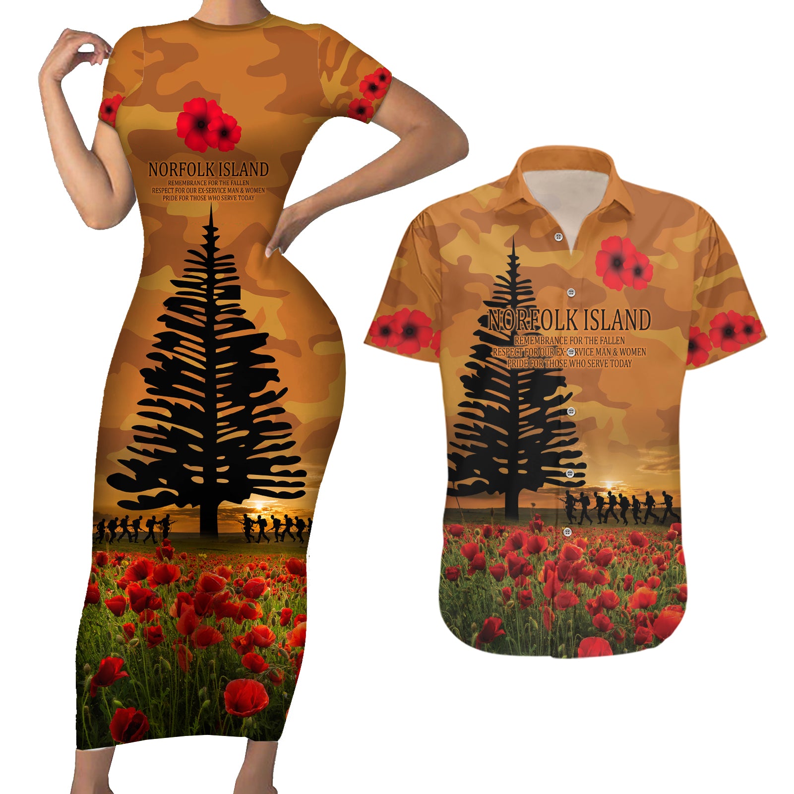 Norfolk Island ANZAC Day Personalised Couples Matching Short Sleeve Bodycon Dress and Hawaiian Shirt with Poppy Field LT9 Art - Polynesian Pride