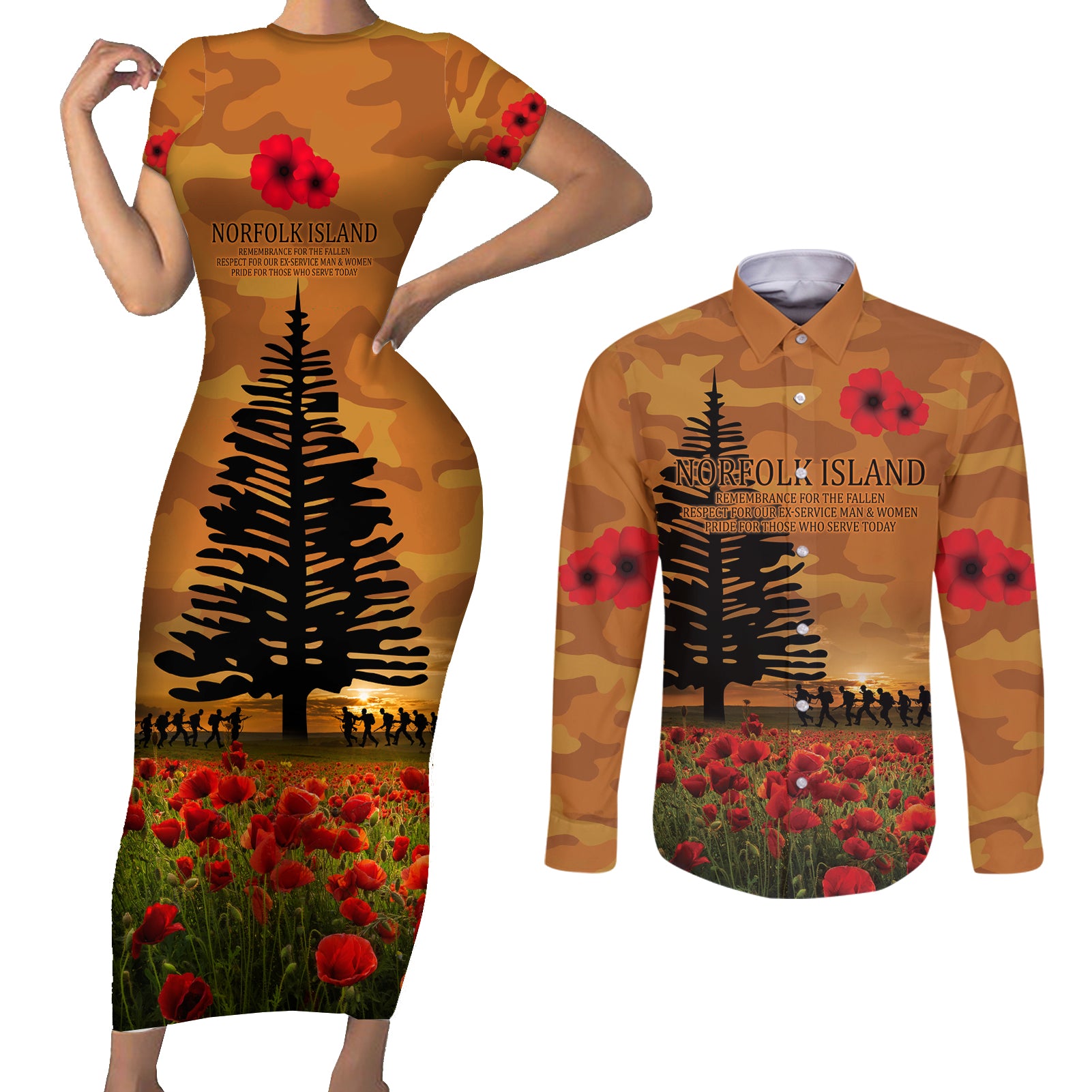 Norfolk Island ANZAC Day Personalised Couples Matching Short Sleeve Bodycon Dress and Long Sleeve Button Shirt with Poppy Field LT9 Art - Polynesian Pride