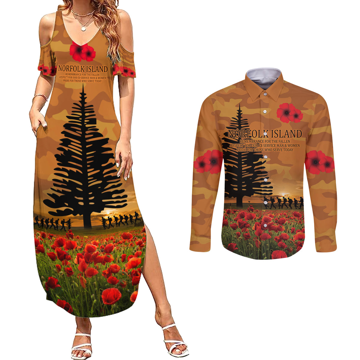 Norfolk Island ANZAC Day Personalised Couples Matching Summer Maxi Dress and Long Sleeve Button Shirt with Poppy Field LT9 Art - Polynesian Pride
