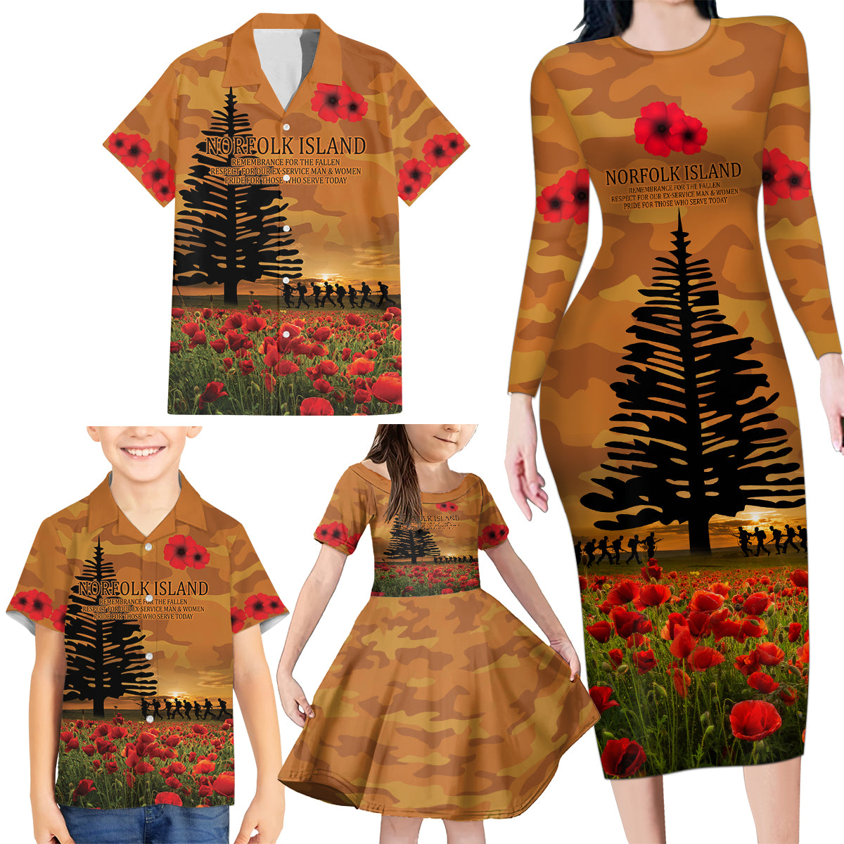 Norfolk Island ANZAC Day Personalised Family Matching Long Sleeve Bodycon Dress and Hawaiian Shirt with Poppy Field LT9 - Polynesian Pride