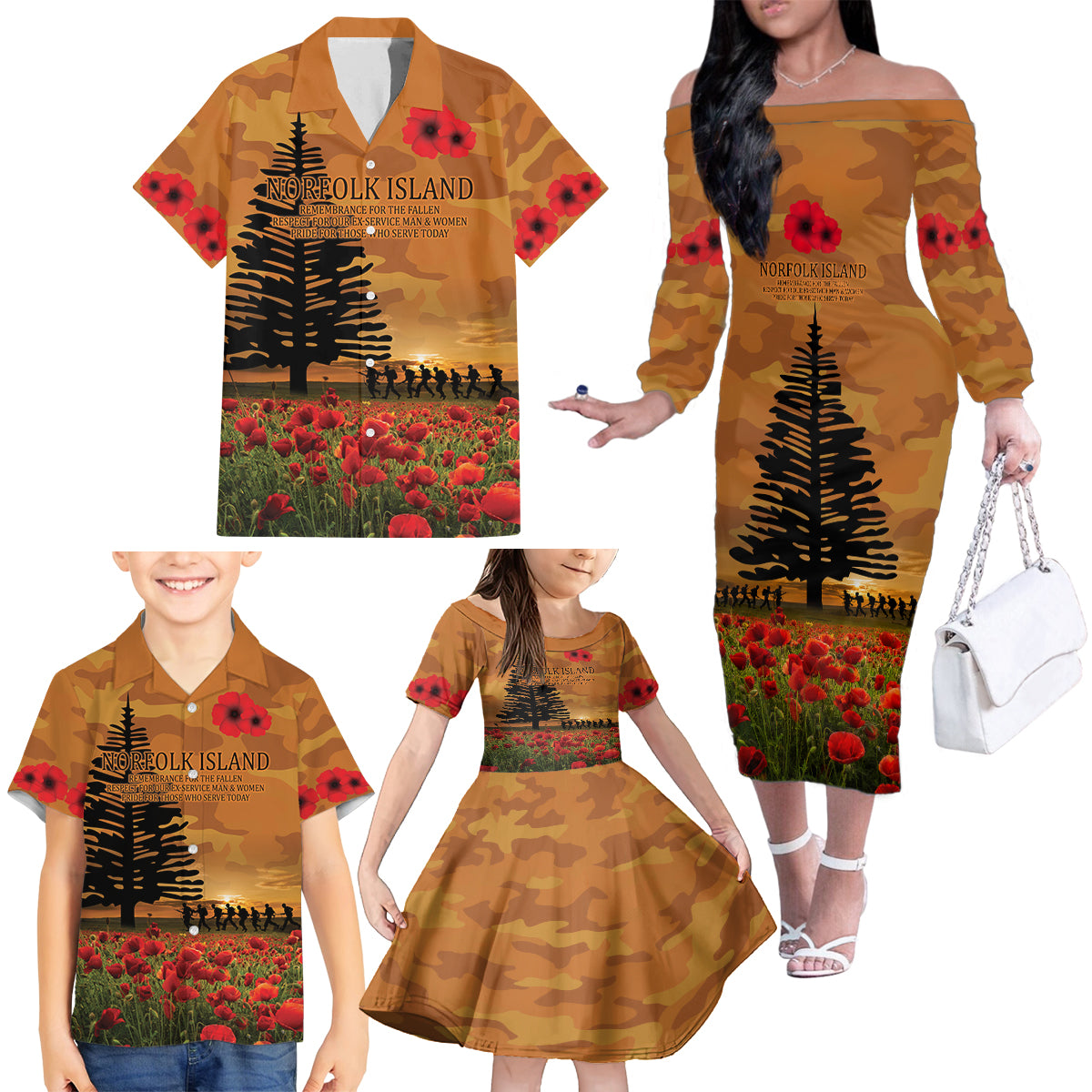 Norfolk Island ANZAC Day Personalised Family Matching Off Shoulder Long Sleeve Dress and Hawaiian Shirt with Poppy Field LT9 - Polynesian Pride