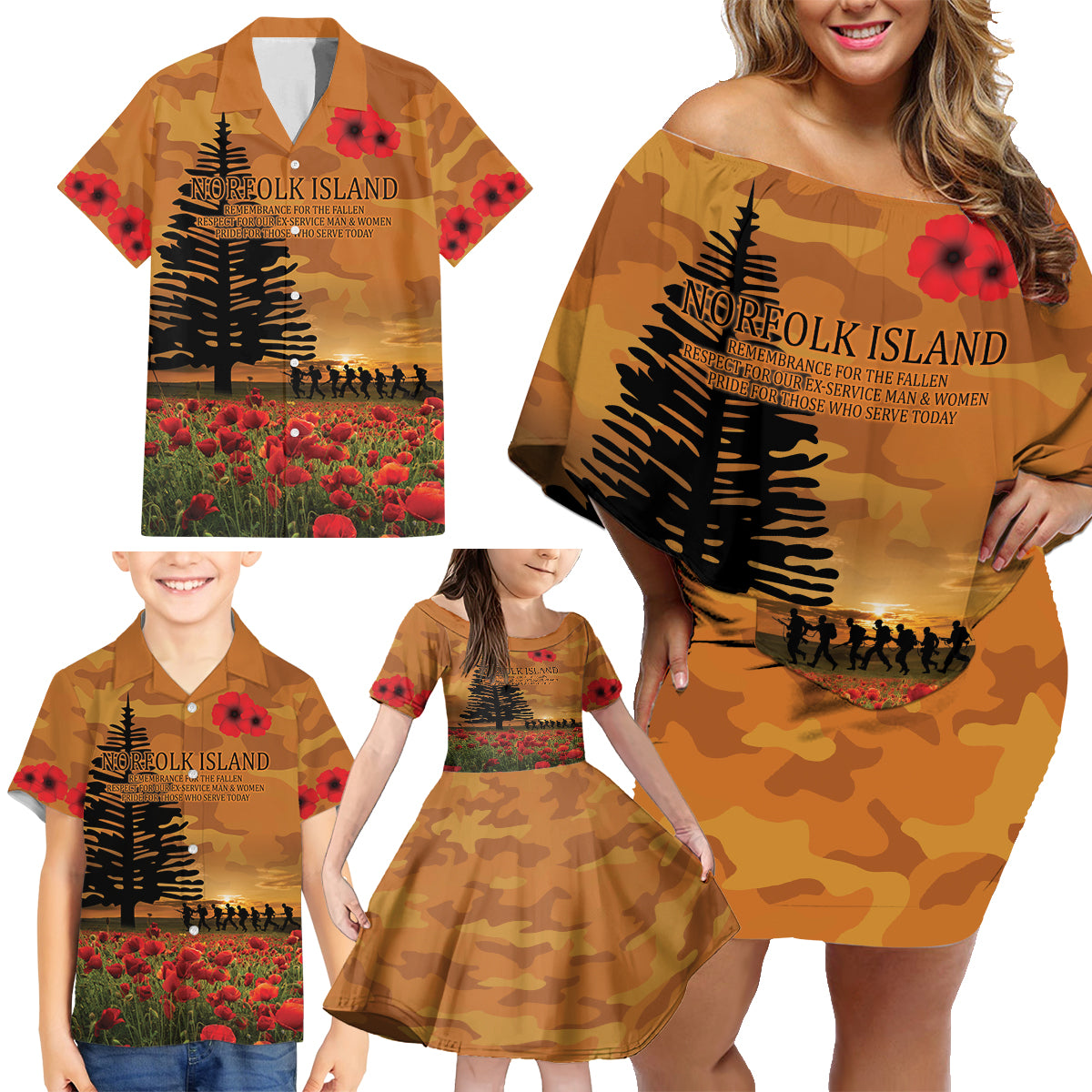 Norfolk Island ANZAC Day Personalised Family Matching Off Shoulder Short Dress and Hawaiian Shirt with Poppy Field LT9 - Polynesian Pride