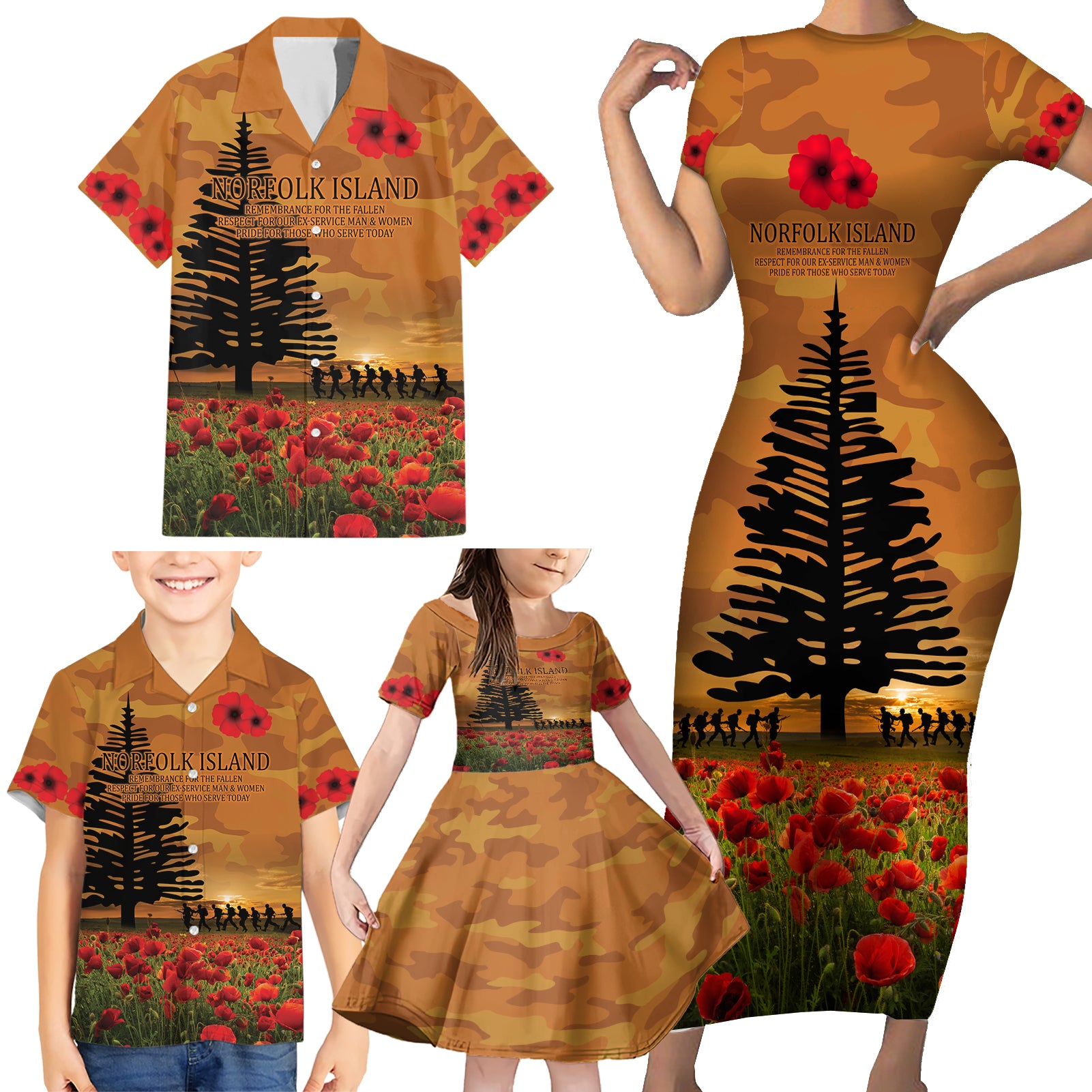 Norfolk Island ANZAC Day Personalised Family Matching Short Sleeve Bodycon Dress and Hawaiian Shirt with Poppy Field LT9 - Polynesian Pride