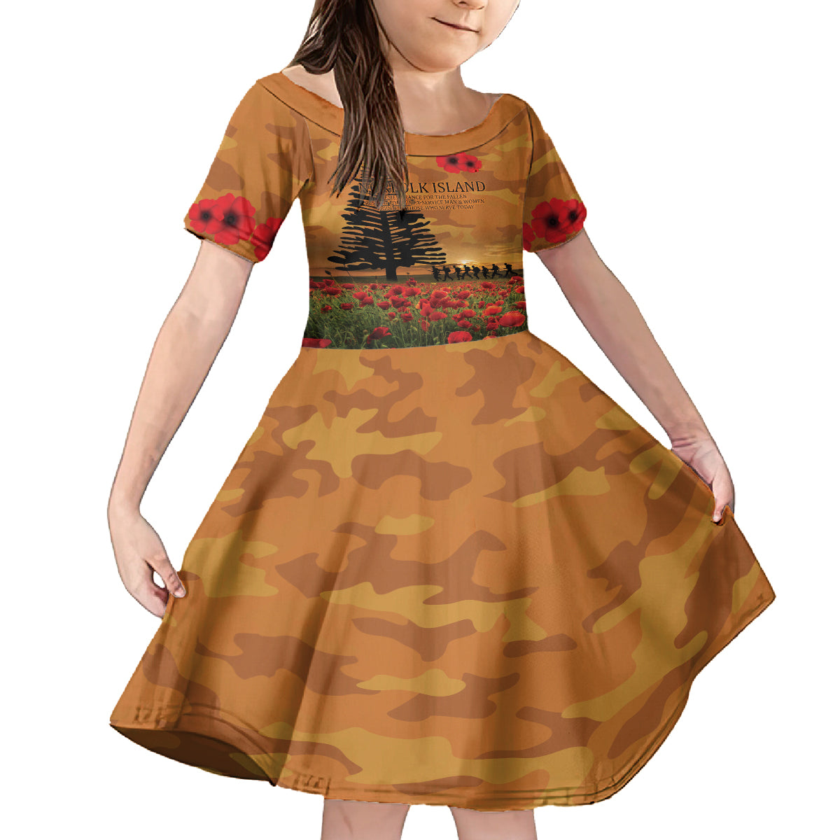 Norfolk Island ANZAC Day Personalised Kid Short Sleeve Dress with Poppy Field LT9 KID Art - Polynesian Pride