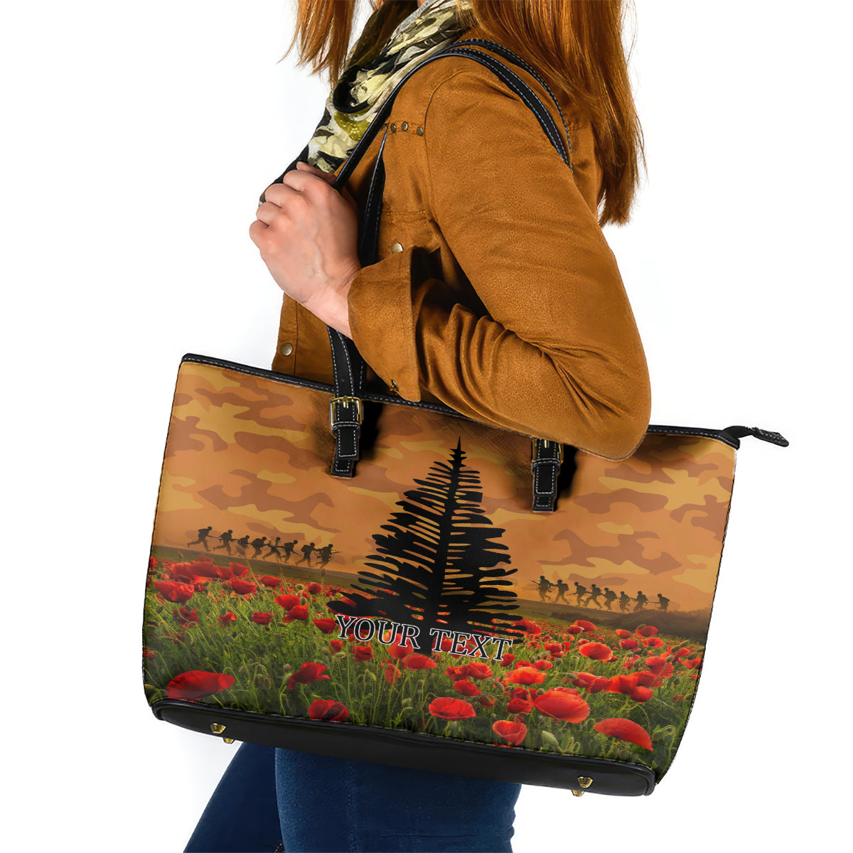 Norfolk Island ANZAC Day Personalised Leather Tote Bag with Poppy Field LT9 Art - Polynesian Pride