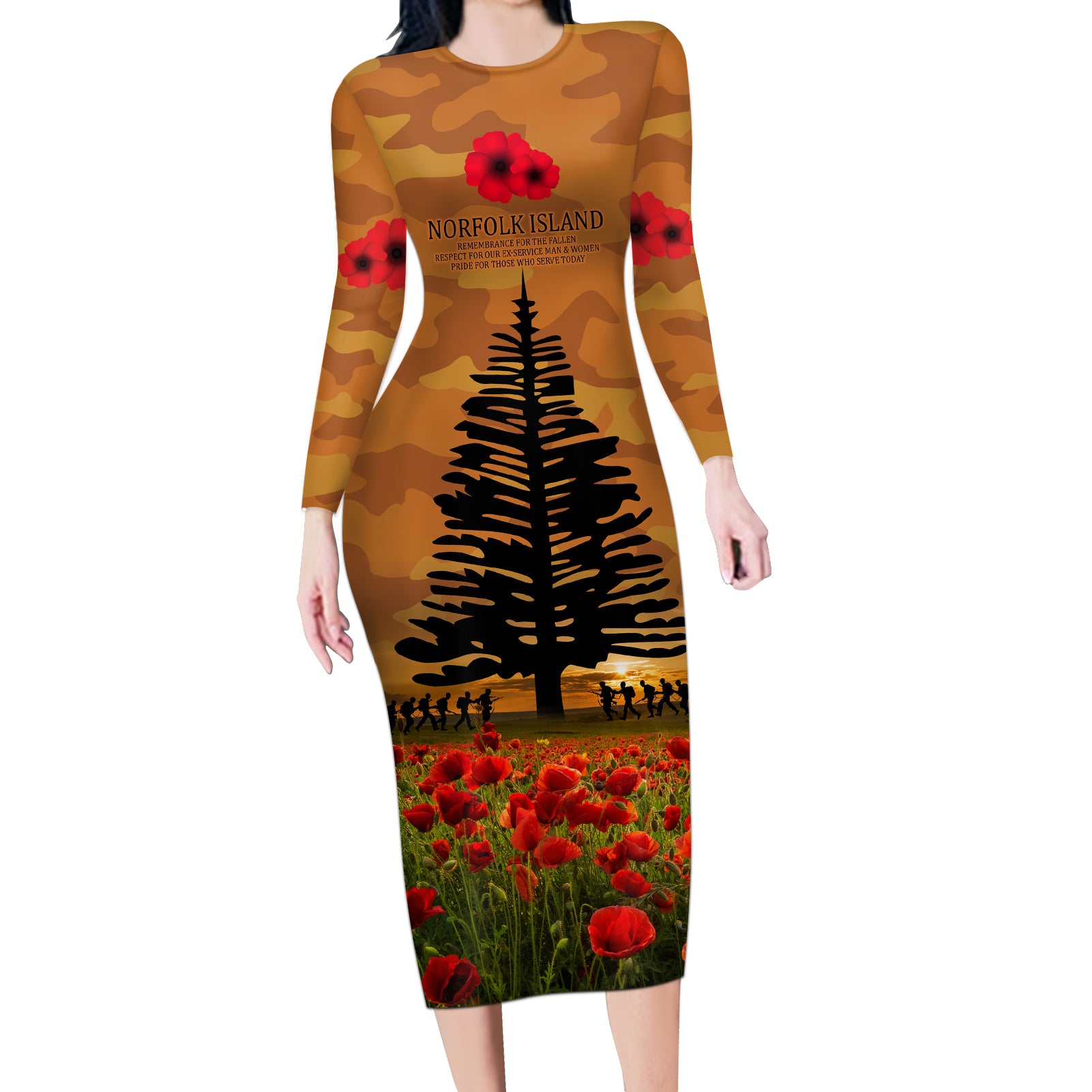 Norfolk Island ANZAC Day Personalised Long Sleeve Bodycon Dress with Poppy Field LT9 Long Dress Art - Polynesian Pride