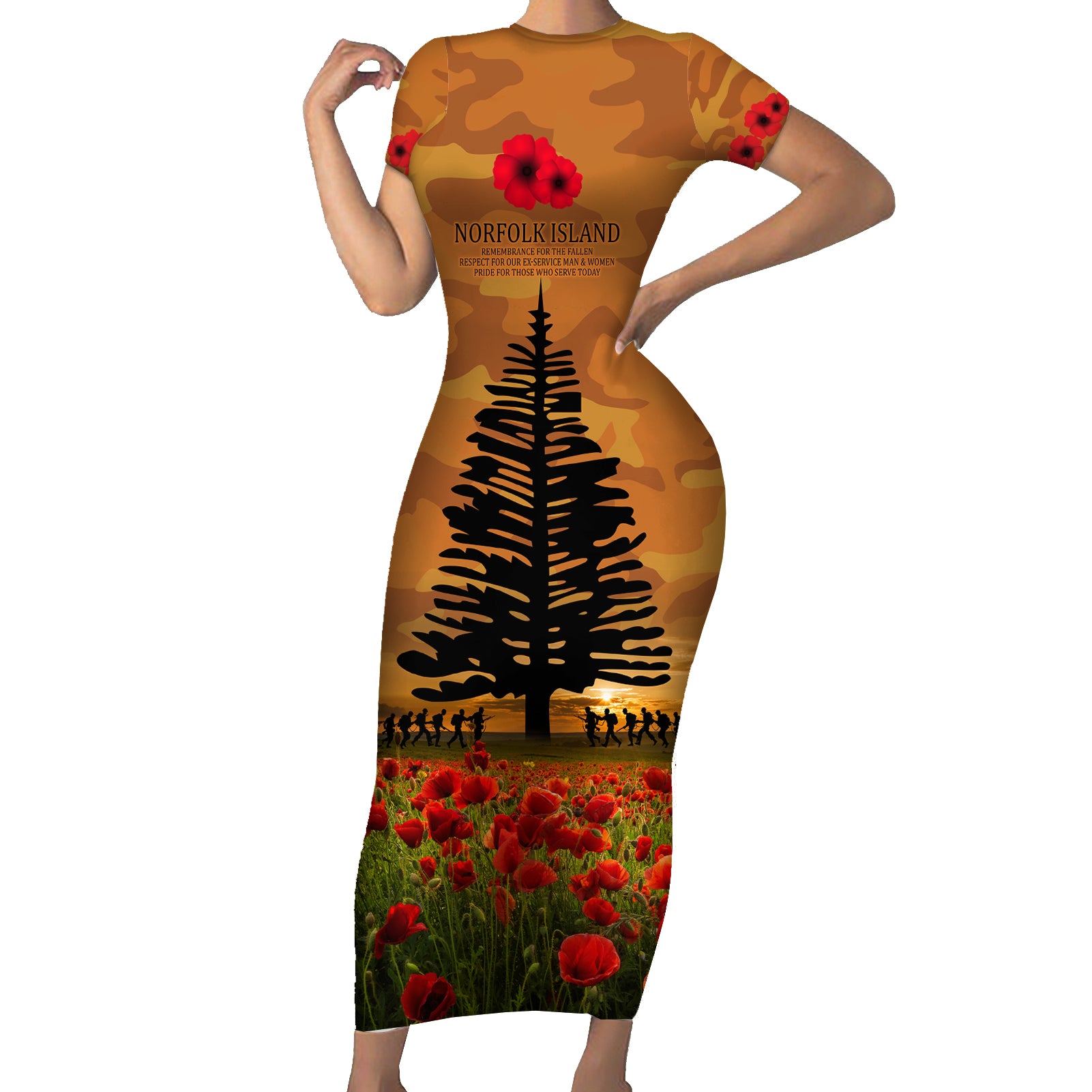 Norfolk Island ANZAC Day Personalised Short Sleeve Bodycon Dress with Poppy Field LT9 Long Dress Art - Polynesian Pride