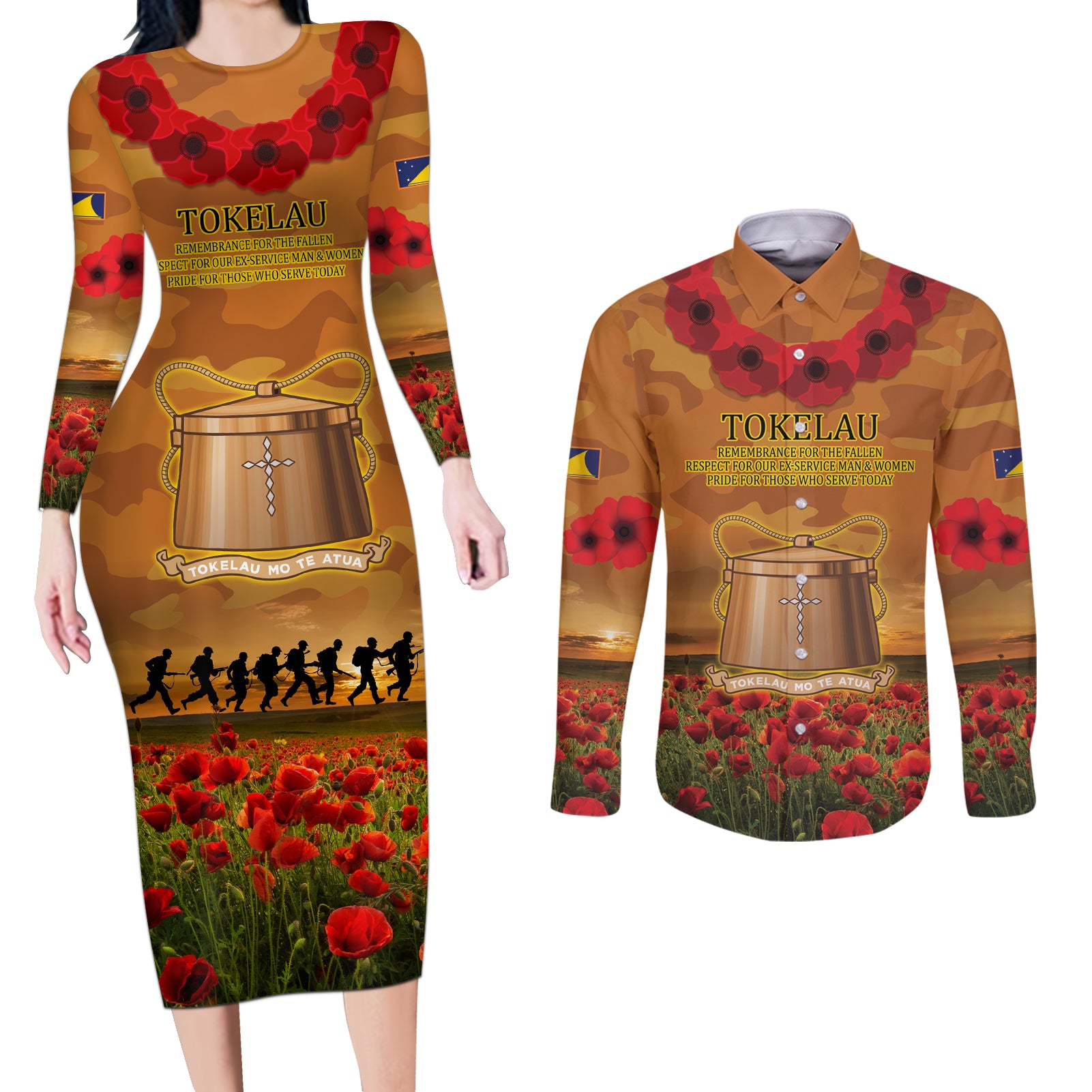 Tokelau ANZAC Day Personalised Couples Matching Long Sleeve Bodycon Dress and Long Sleeve Button Shirt with Poppy Field LT9 Art - Polynesian Pride