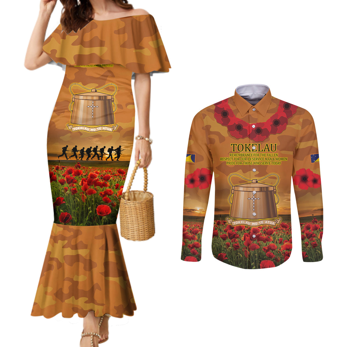 Tokelau ANZAC Day Personalised Couples Matching Mermaid Dress and Long Sleeve Button Shirt with Poppy Field LT9 Art - Polynesian Pride