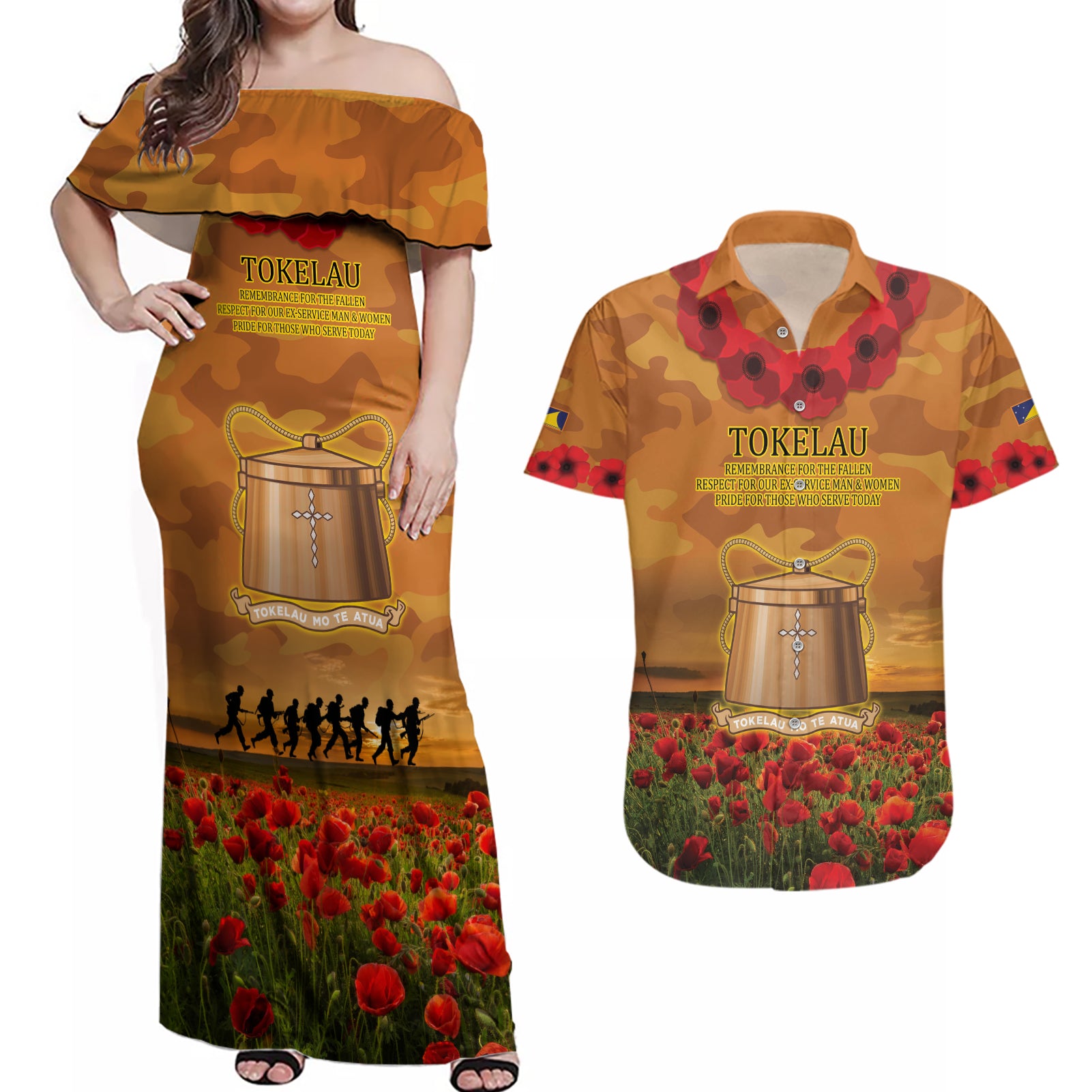 Tokelau ANZAC Day Personalised Couples Matching Off Shoulder Maxi Dress and Hawaiian Shirt with Poppy Field LT9 Art - Polynesian Pride
