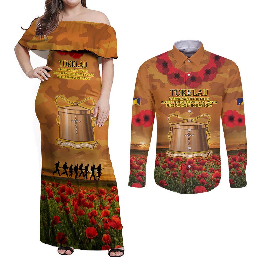 Tokelau ANZAC Day Personalised Couples Matching Off Shoulder Maxi Dress and Long Sleeve Button Shirt with Poppy Field LT9 Art - Polynesian Pride