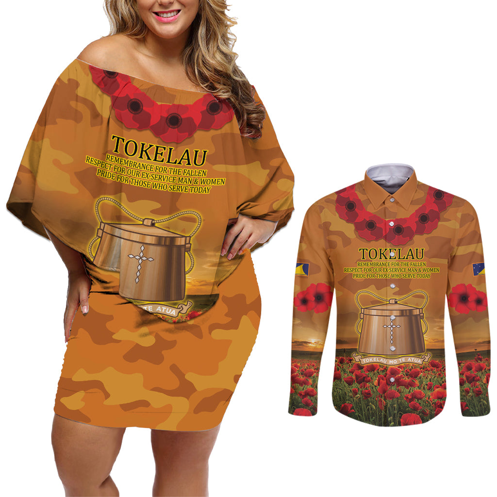 Tokelau ANZAC Day Personalised Couples Matching Off Shoulder Short Dress and Long Sleeve Button Shirt with Poppy Field LT9 Art - Polynesian Pride