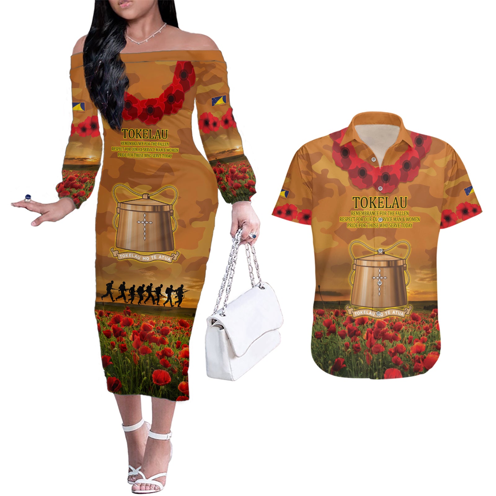 Tokelau ANZAC Day Personalised Couples Matching Off The Shoulder Long Sleeve Dress and Hawaiian Shirt with Poppy Field LT9 Art - Polynesian Pride
