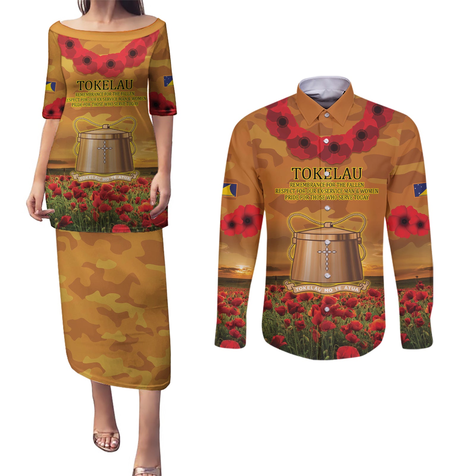 Tokelau ANZAC Day Personalised Couples Matching Puletasi and Long Sleeve Button Shirt with Poppy Field LT9 Art - Polynesian Pride