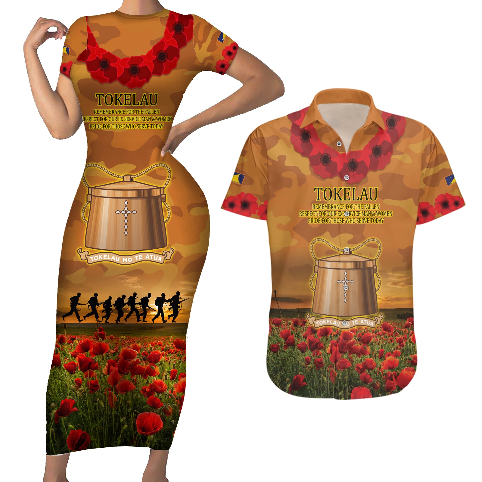 Tokelau ANZAC Day Personalised Couples Matching Short Sleeve Bodycon Dress and Hawaiian Shirt with Poppy Field LT9 Art - Polynesian Pride
