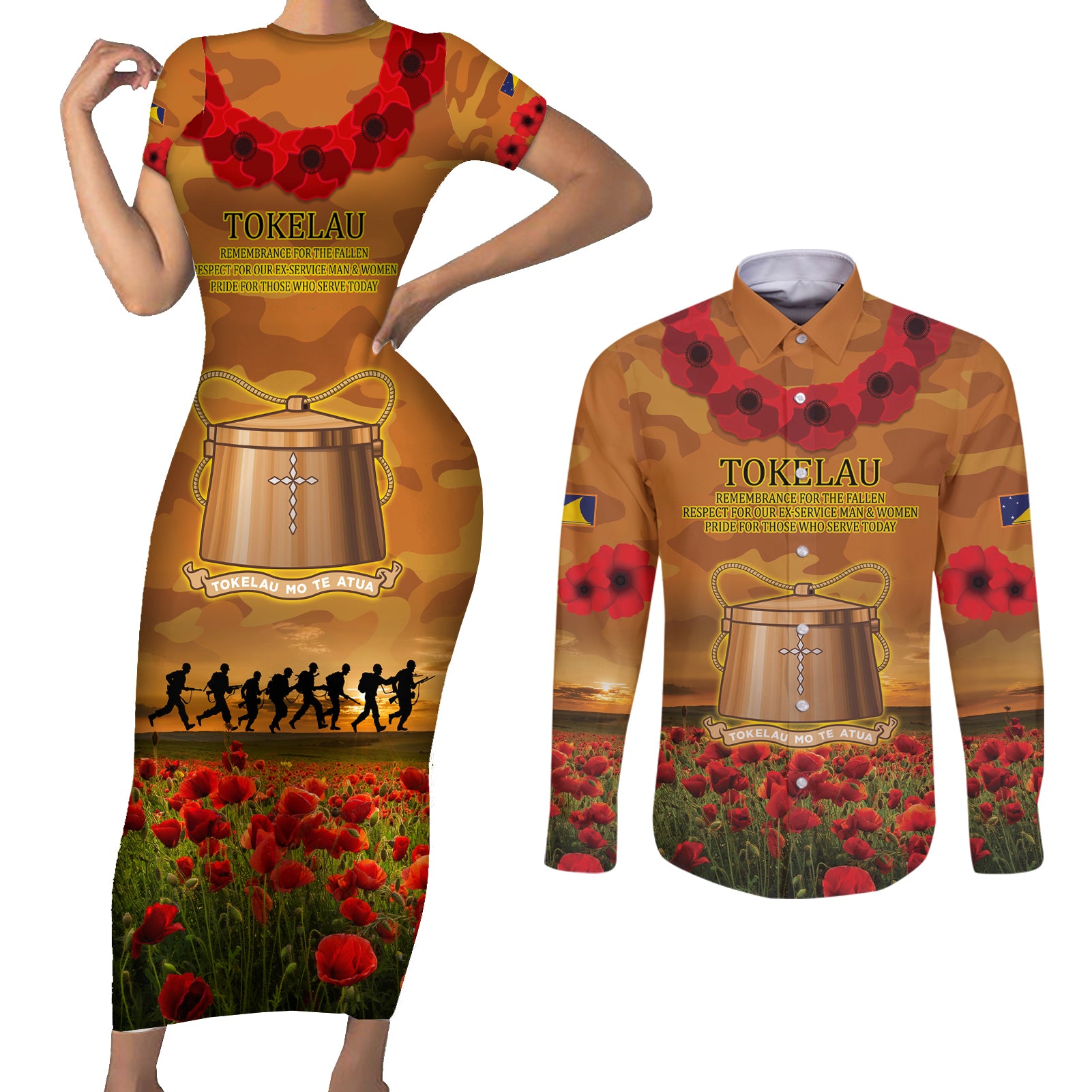 Tokelau ANZAC Day Personalised Couples Matching Short Sleeve Bodycon Dress and Long Sleeve Button Shirt with Poppy Field LT9 Art - Polynesian Pride