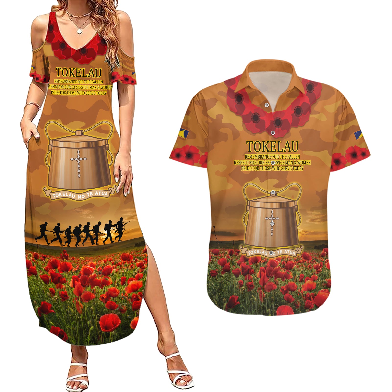 Tokelau ANZAC Day Personalised Couples Matching Summer Maxi Dress and Hawaiian Shirt with Poppy Field LT9 Art - Polynesian Pride