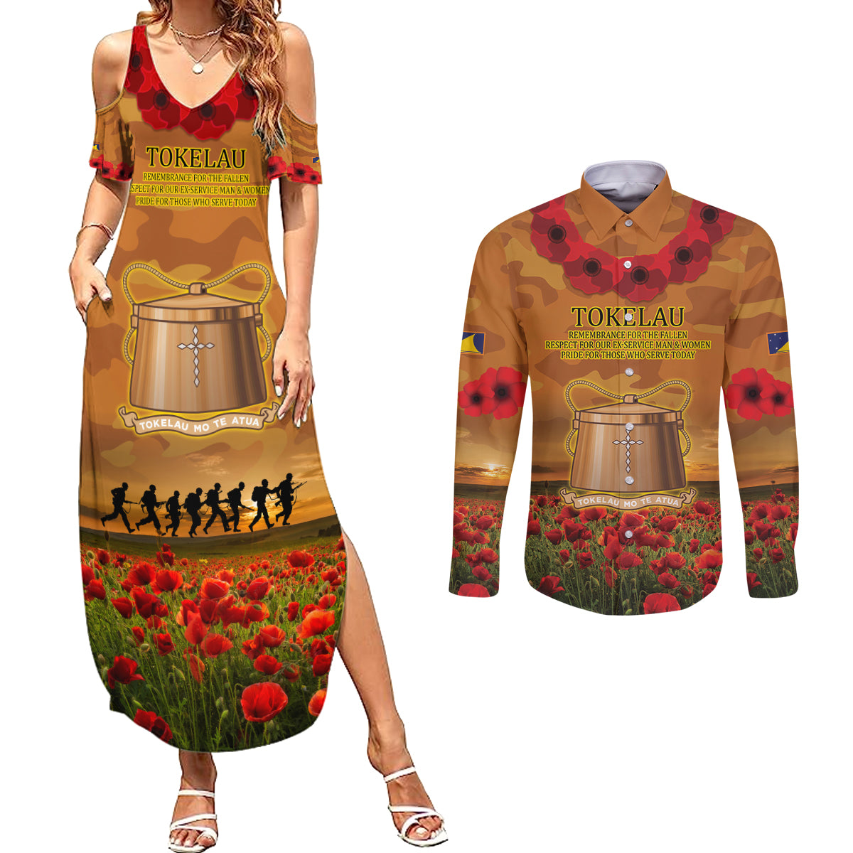 Tokelau ANZAC Day Personalised Couples Matching Summer Maxi Dress and Long Sleeve Button Shirt with Poppy Field LT9 Art - Polynesian Pride