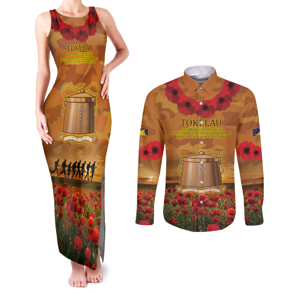 Tokelau ANZAC Day Personalised Couples Matching Tank Maxi Dress and Long Sleeve Button Shirt with Poppy Field LT9 Art - Polynesian Pride