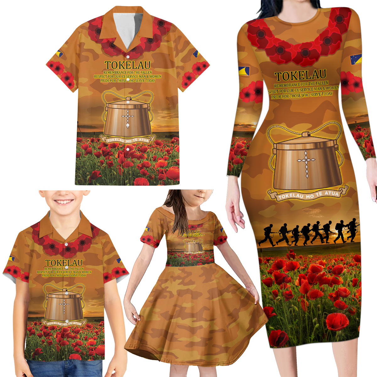 Tokelau ANZAC Day Personalised Family Matching Long Sleeve Bodycon Dress and Hawaiian Shirt with Poppy Field LT9 - Polynesian Pride