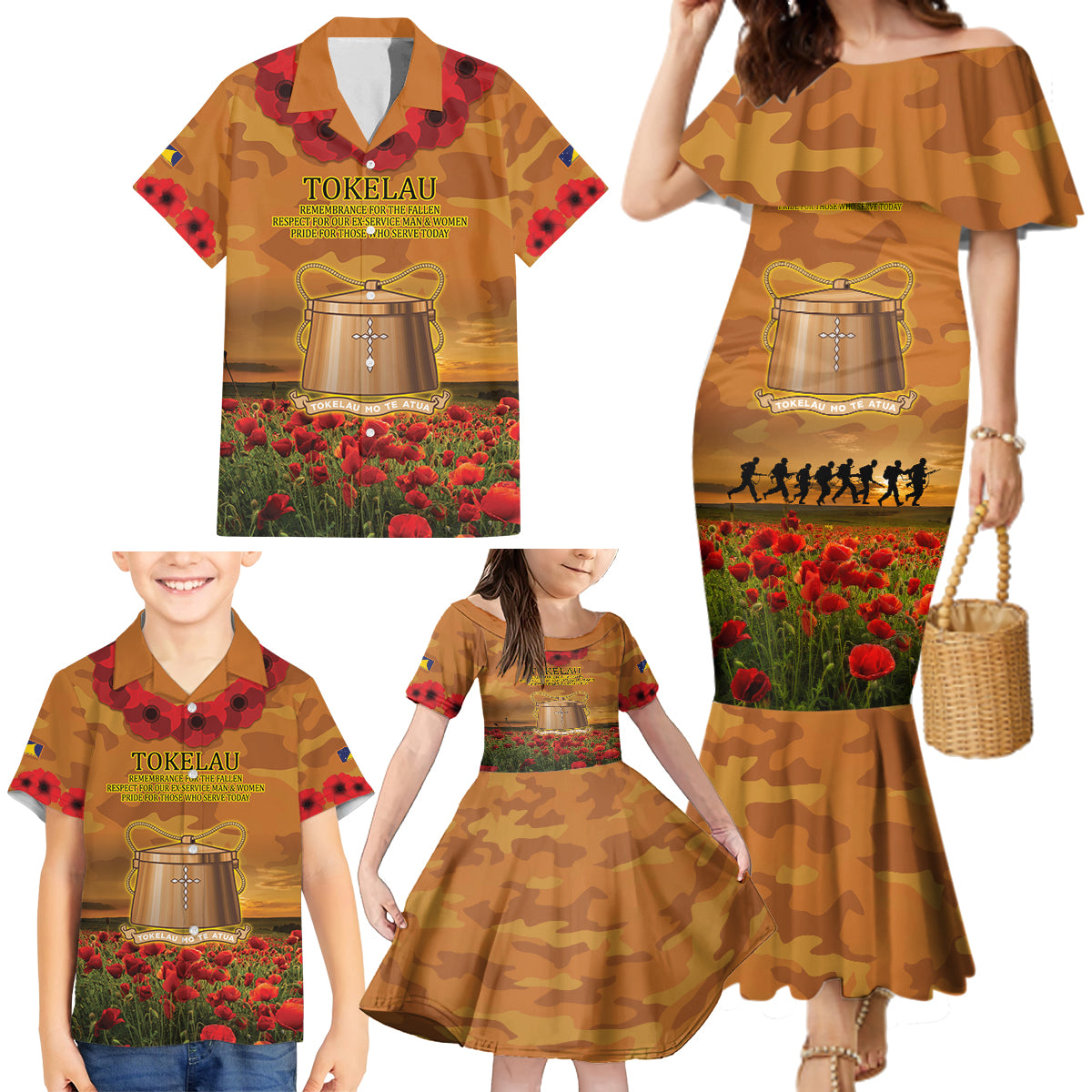 Tokelau ANZAC Day Personalised Family Matching Mermaid Dress and Hawaiian Shirt with Poppy Field LT9 - Polynesian Pride