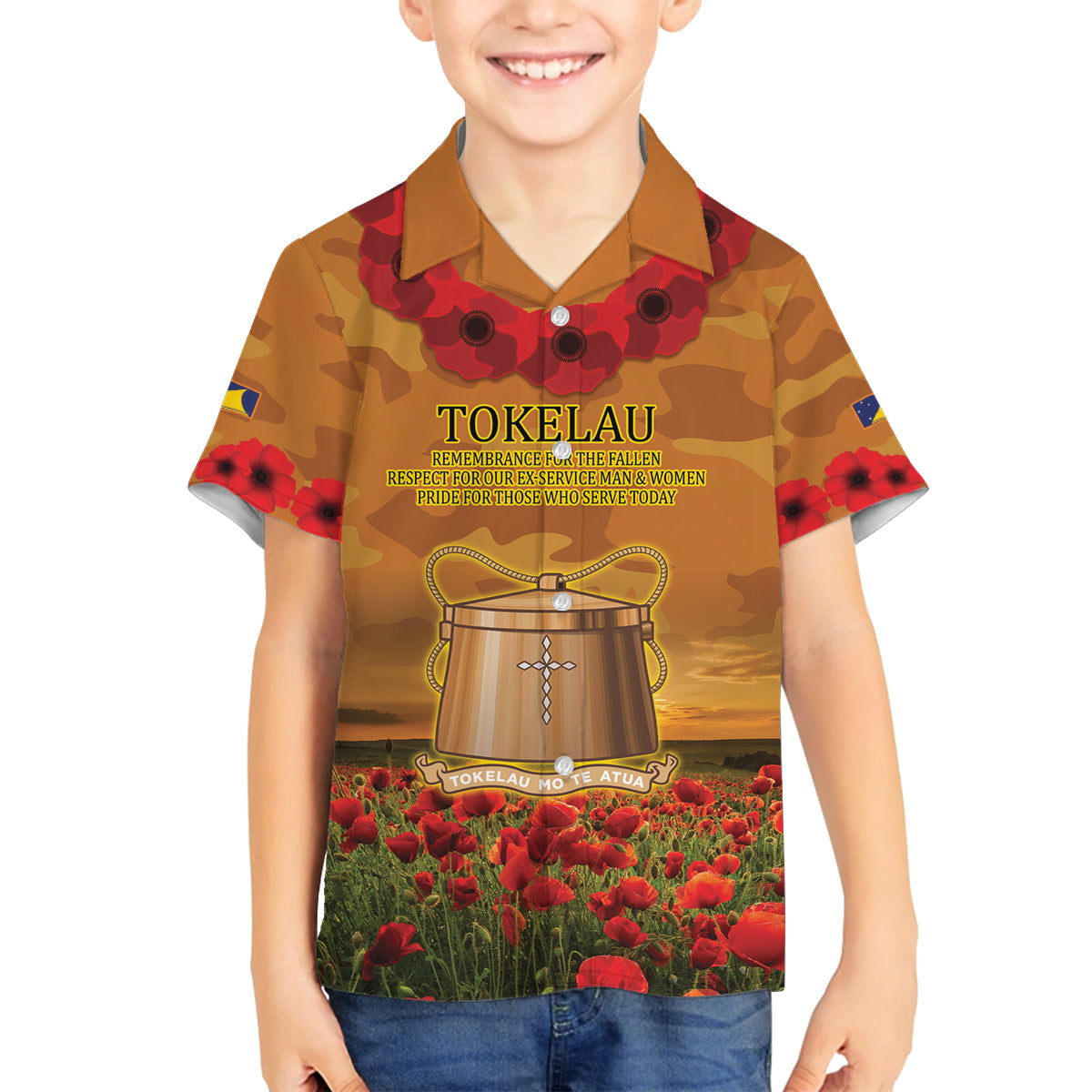 Tokelau ANZAC Day Personalised Family Matching Off Shoulder Short Dress and Hawaiian Shirt with Poppy Field LT9 Son's Shirt Art - Polynesian Pride