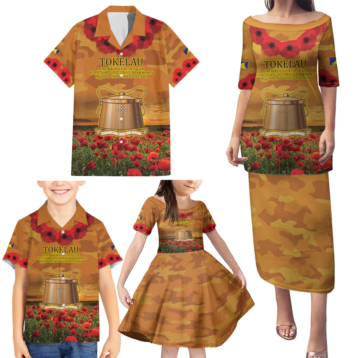 Tokelau ANZAC Day Personalised Family Matching Puletasi and Hawaiian Shirt with Poppy Field LT9 - Polynesian Pride