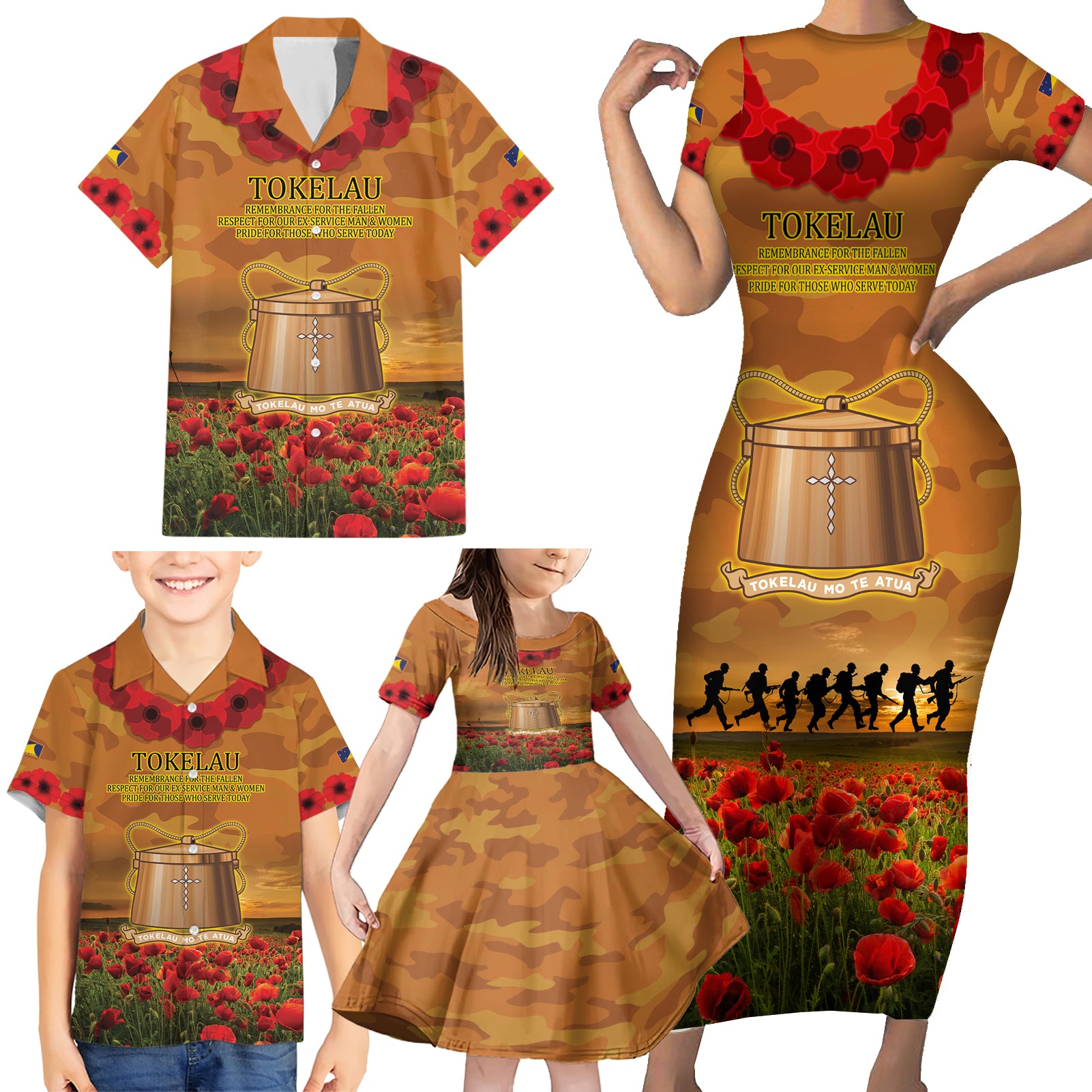 Tokelau ANZAC Day Personalised Family Matching Short Sleeve Bodycon Dress and Hawaiian Shirt with Poppy Field LT9 - Polynesian Pride