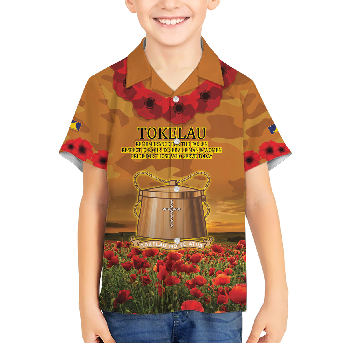 Tokelau ANZAC Day Personalised Family Matching Short Sleeve Bodycon Dress and Hawaiian Shirt with Poppy Field LT9 Son's Shirt Art - Polynesian Pride