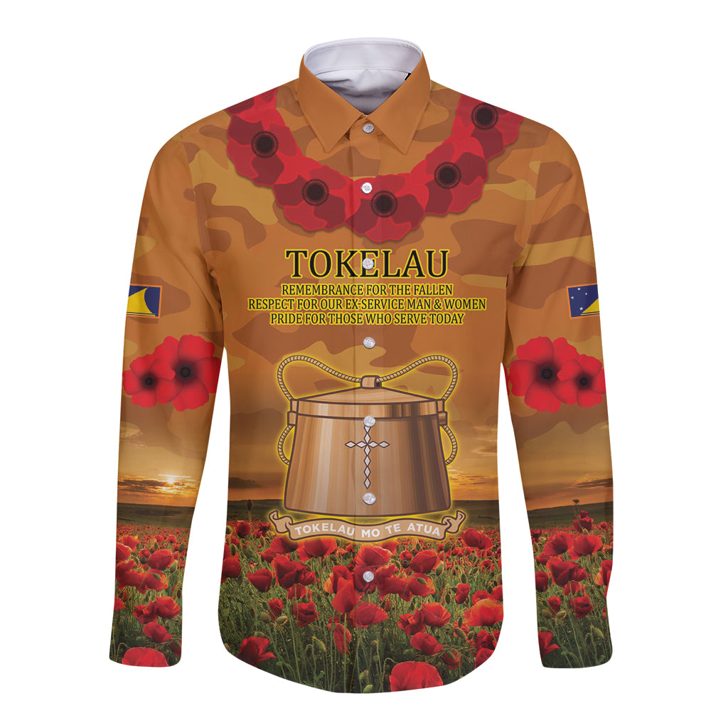 Tokelau ANZAC Day Personalised Long Sleeve Button Shirt with Poppy Field LT9 Unisex Art - Polynesian Pride