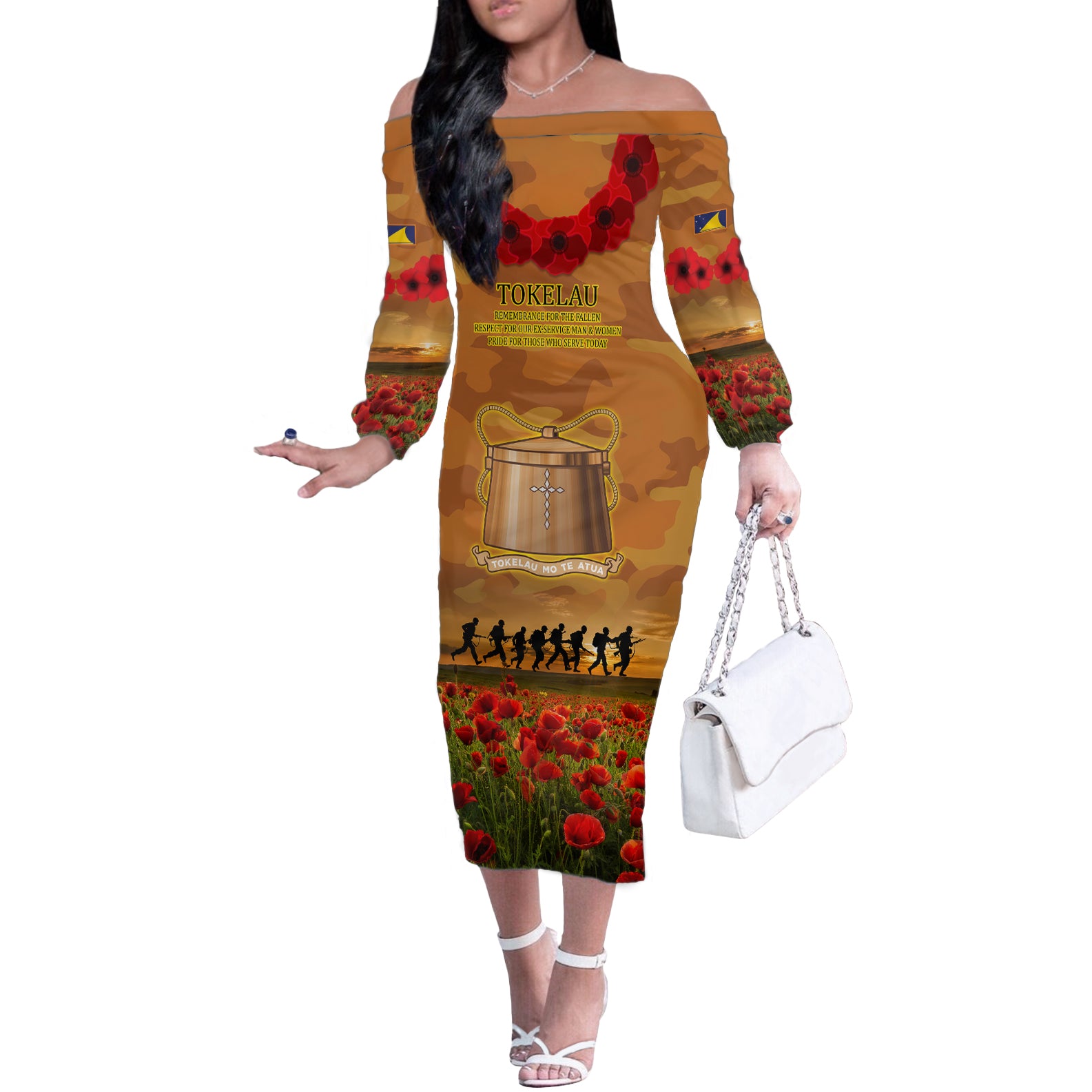 Tokelau ANZAC Day Personalised Off The Shoulder Long Sleeve Dress with Poppy Field LT9 Women Art - Polynesian Pride