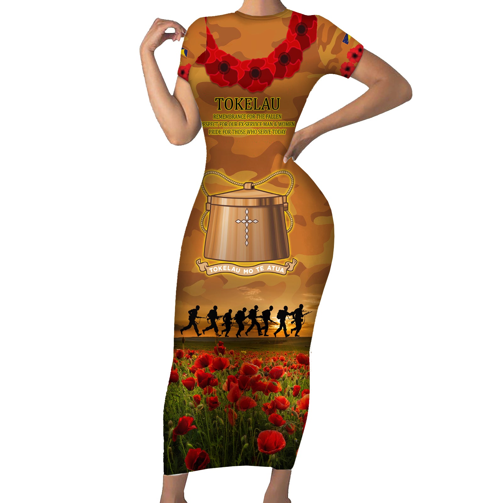 Tokelau ANZAC Day Personalised Short Sleeve Bodycon Dress with Poppy Field LT9 Long Dress Art - Polynesian Pride