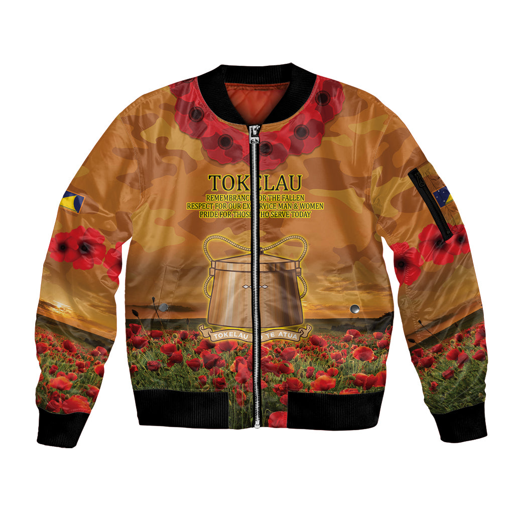 Tokelau ANZAC Day Personalised Sleeve Zip Bomber Jacket with Poppy Field LT9 Unisex Art - Polynesian Pride