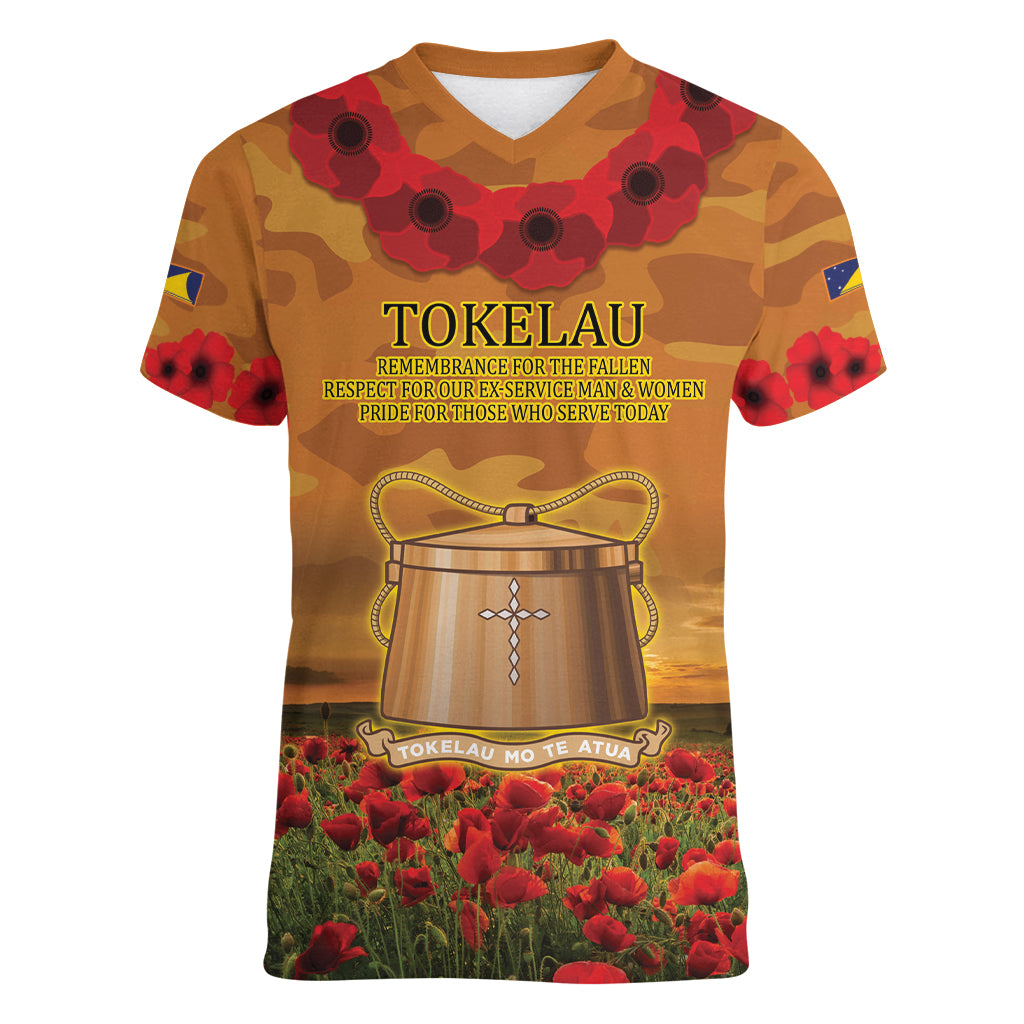 Tokelau ANZAC Day Personalised Women V Neck T Shirt with Poppy Field LT9 Female Art - Polynesian Pride