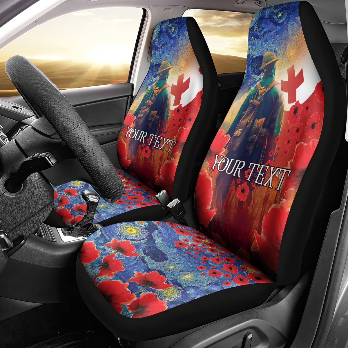 Tonga ANZAC Day Personalised Car Seat Cover Soldier Te Tau Manatui Kinautolu with Poppy Field LT9 - Polynesian Pride