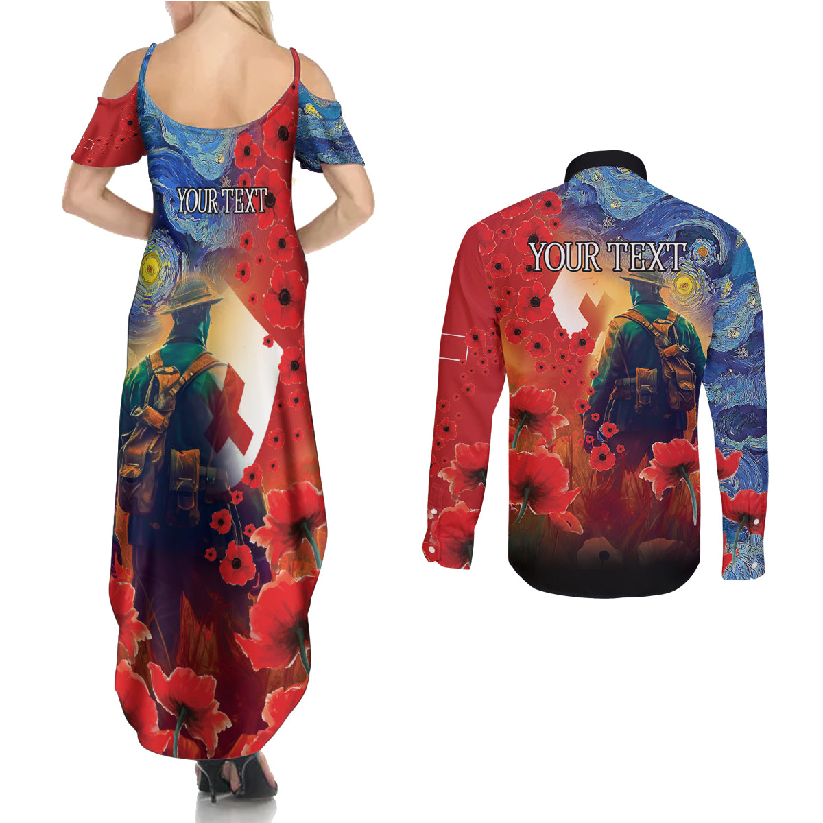 Tonga ANZAC Day Personalised Couples Matching Summer Maxi Dress and Long Sleeve Button Shirt Soldier Te Tau Manatui Kinautolu with Poppy Field LT9 - Polynesian Pride