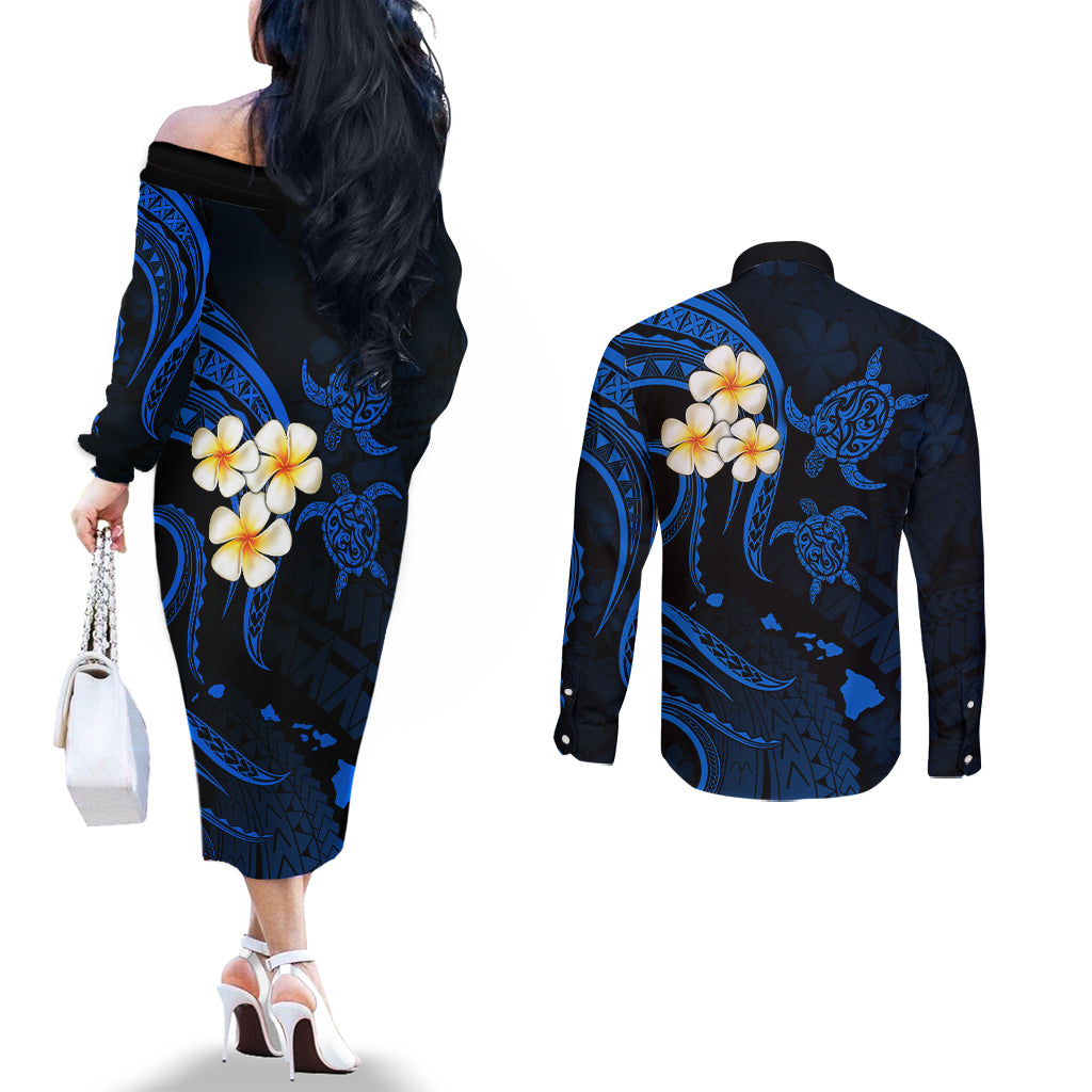 Hawaii Couples Off The Shoulder Long Sleeve Dress and Long Sleeve Button Shirts Niihau Islands Polynesian Sunset Plumeria Blue Vibe LT9 - Polynesian Pride