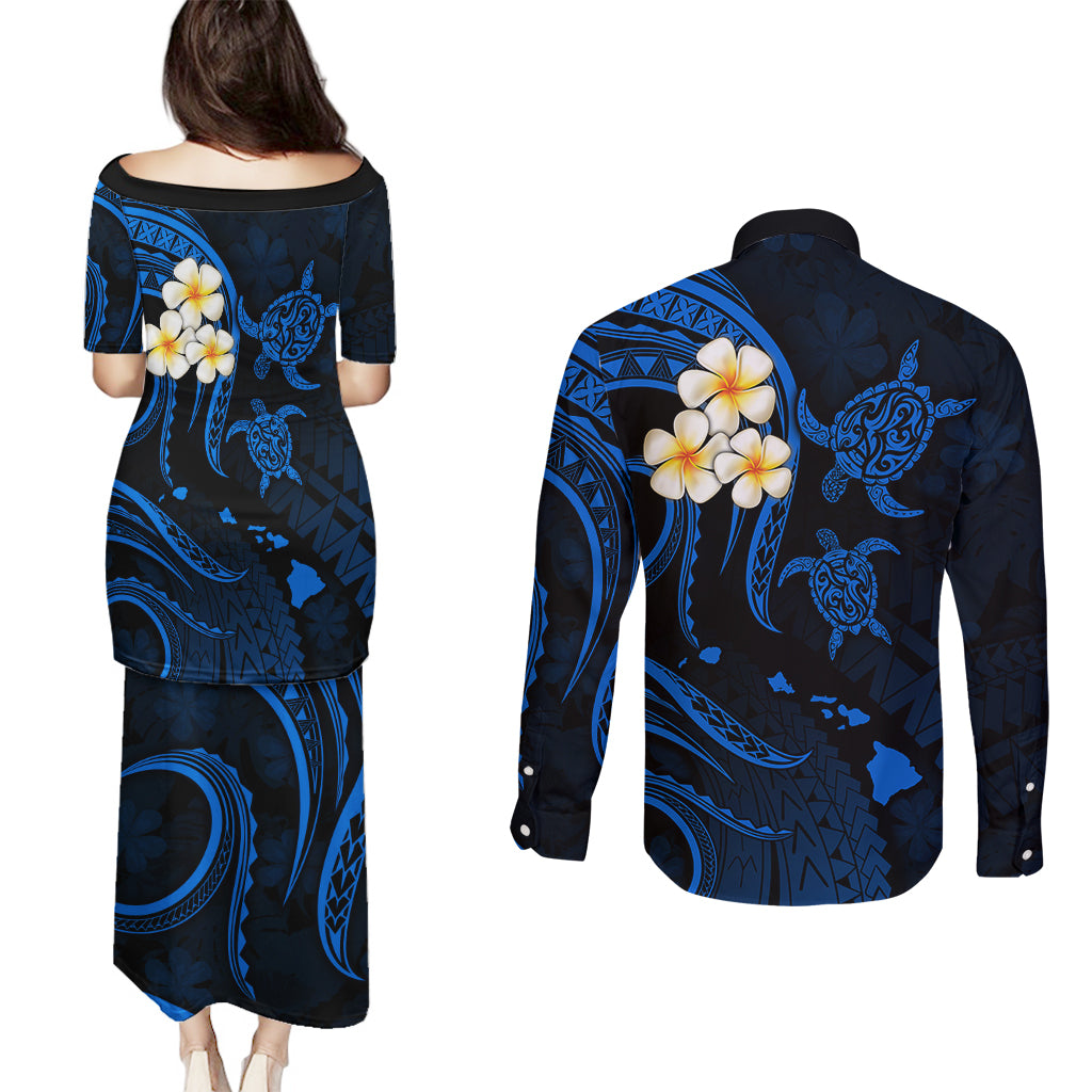 Hawaii Couples Puletasi Dress and Long Sleeve Button Shirts Niihau Islands Polynesian Sunset Plumeria Blue Vibe LT9 - Polynesian Pride