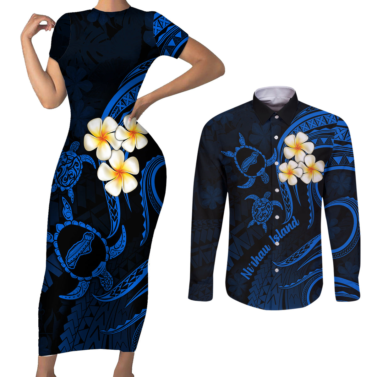 Hawaii Couples Short Sleeve Bodycon Dress and Long Sleeve Button Shirts Niihau Islands Polynesian Sunset Plumeria Blue Vibe LT9 Blue - Polynesian Pride