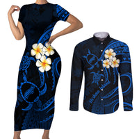 Hawaii Couples Short Sleeve Bodycon Dress and Long Sleeve Button Shirts Niihau Islands Polynesian Sunset Plumeria Blue Vibe LT9 Blue - Polynesian Pride