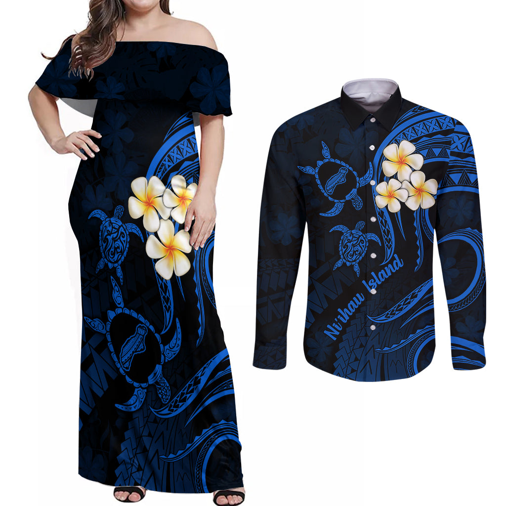 Hawaii Couples Off Shoulder Maxi Dress and Long Sleeve Button Shirts Niihau Islands Polynesian Sunset Plumeria Blue Vibe LT9 Blue - Polynesian Pride