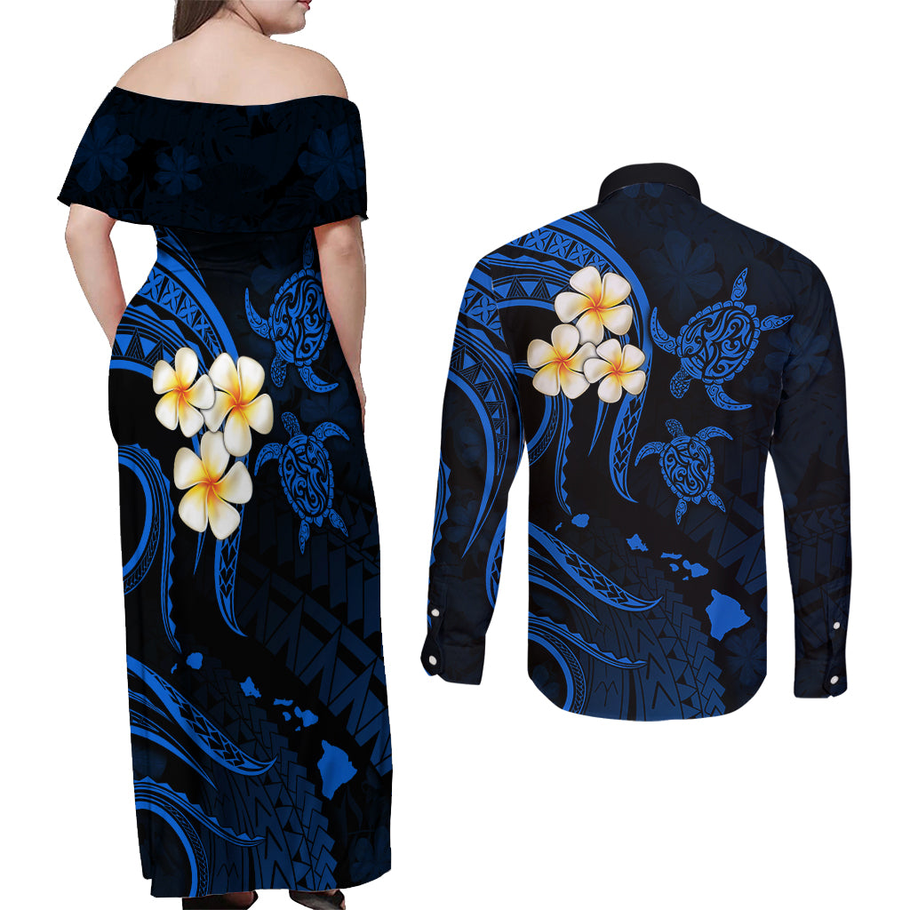 Hawaii Couples Off Shoulder Maxi Dress and Long Sleeve Button Shirts Niihau Islands Polynesian Sunset Plumeria Blue Vibe LT9 - Polynesian Pride