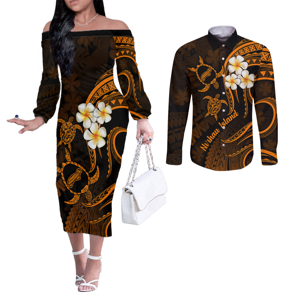 Hawaii Couples Off The Shoulder Long Sleeve Dress and Long Sleeve Button Shirts Niihau Islands Polynesian Sunset Plumeria Gold Vibe LT9 Gold - Polynesian Pride