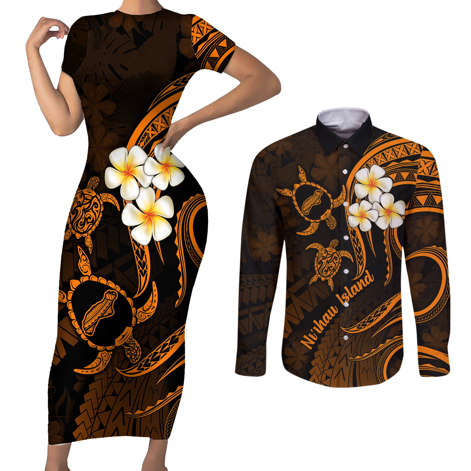Hawaii Couples Short Sleeve Bodycon Dress and Long Sleeve Button Shirts Niihau Islands Polynesian Sunset Plumeria Gold Vibe LT9 Gold - Polynesian Pride