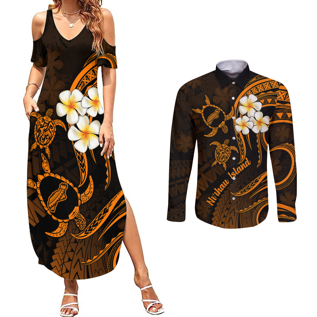Hawaii Couples Summer Maxi Dress and Long Sleeve Button Shirts Niihau Islands Polynesian Sunset Plumeria Gold Vibe LT9 Gold - Polynesian Pride