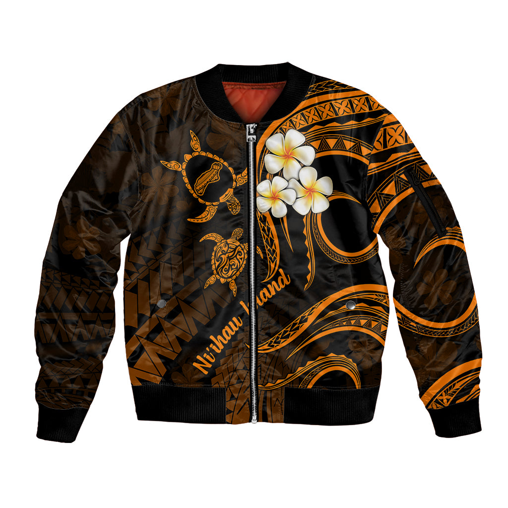 Hawaii Sleeve Zip Bomber Jacket Niihau Islands Polynesian Sunset Plumeria Gold Vibe LT9 Unisex Gold - Polynesian Pride