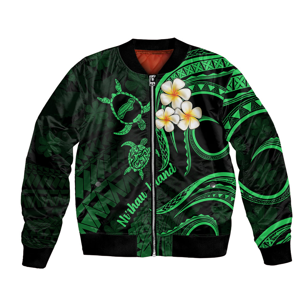 Hawaii Bomber Jacket Niihau Islands Polynesian Sunset Plumeria Green Vibe LT9 Unisex Green - Polynesian Pride