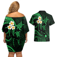 Hawaii Couples Off Shoulder Short Dress and Hawaiian Shirt Niihau Islands Polynesian Sunset Plumeria Green Vibe LT9 - Polynesian Pride