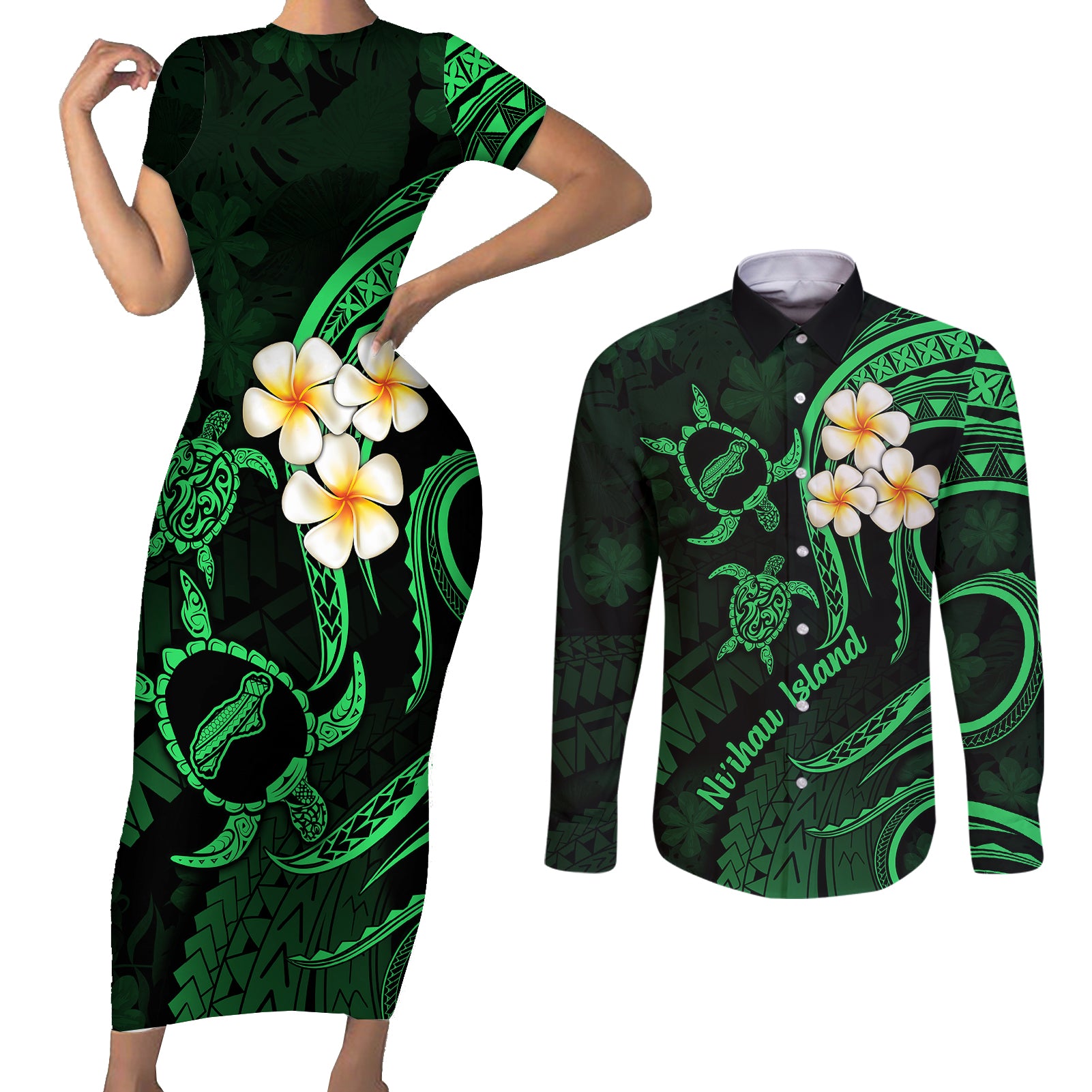 Hawaii Couples Short Sleeve Bodycon Dress and Long Sleeve Button Shirts Niihau Islands Polynesian Sunset Plumeria Green Vibe LT9 Green - Polynesian Pride
